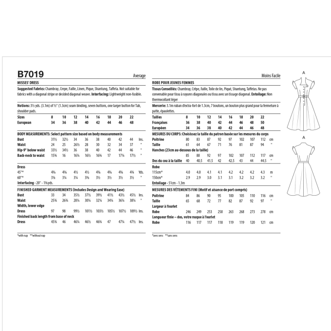 Patron Butterick retro 7019 robe vintage femme, version papier, taille 34-42, en français