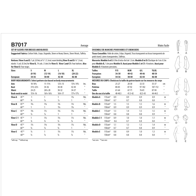 Naaipatroon Butterick Retro mouwen 7017, maat  S-XL, Dui/En/Fr