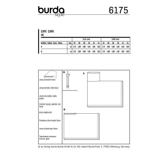 Naaipatroon cape, Burda 6175, Dui/En/Fr