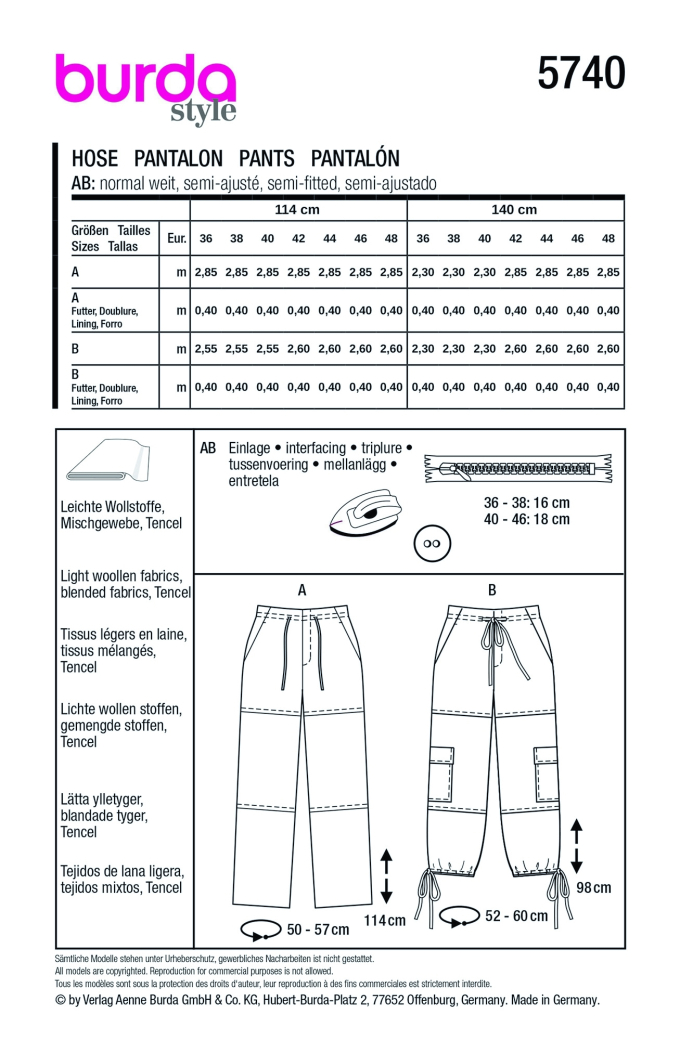 Naaipatroon broek Burda 5740, Nl/Dui/En/Fr