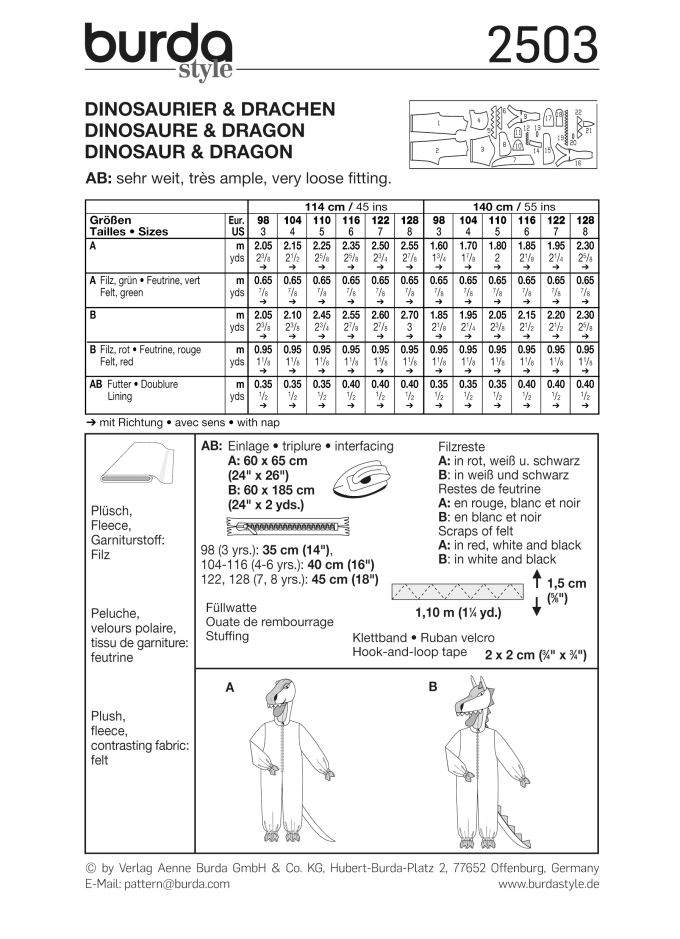 Patron Burda 2503 Déguisement Dinosaur & Dragon, en français