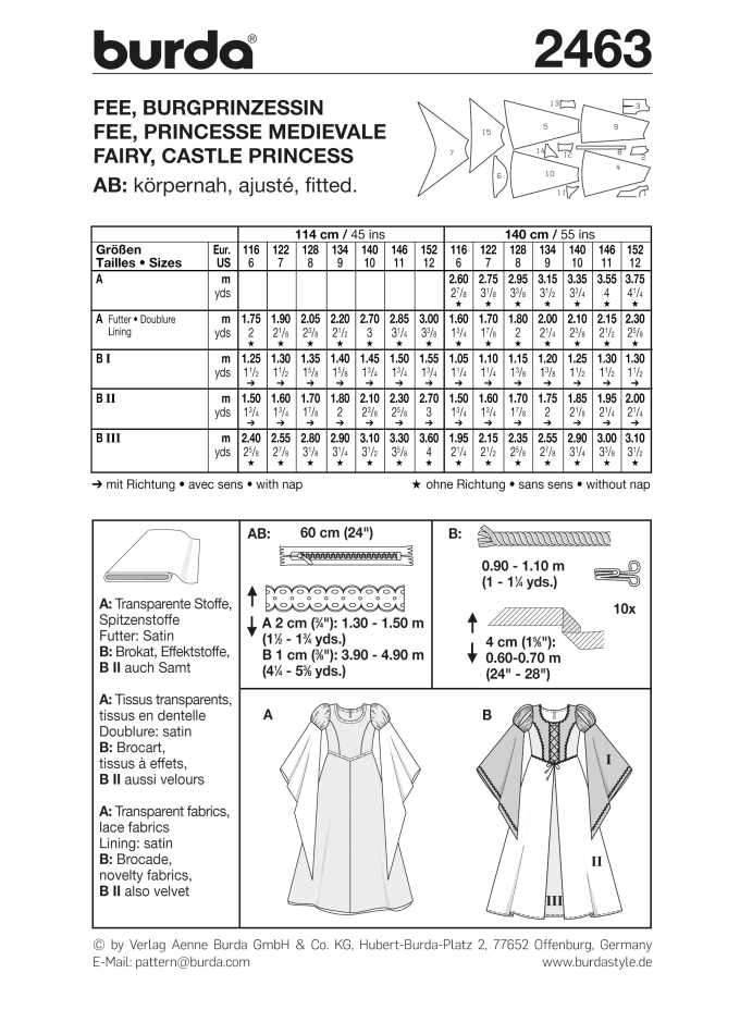 Patron Burda 2463 Déguisement Fée et Princesse, en français