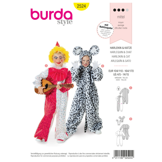Patron Burda 2524 Déguisement Harlequin et chat, en français