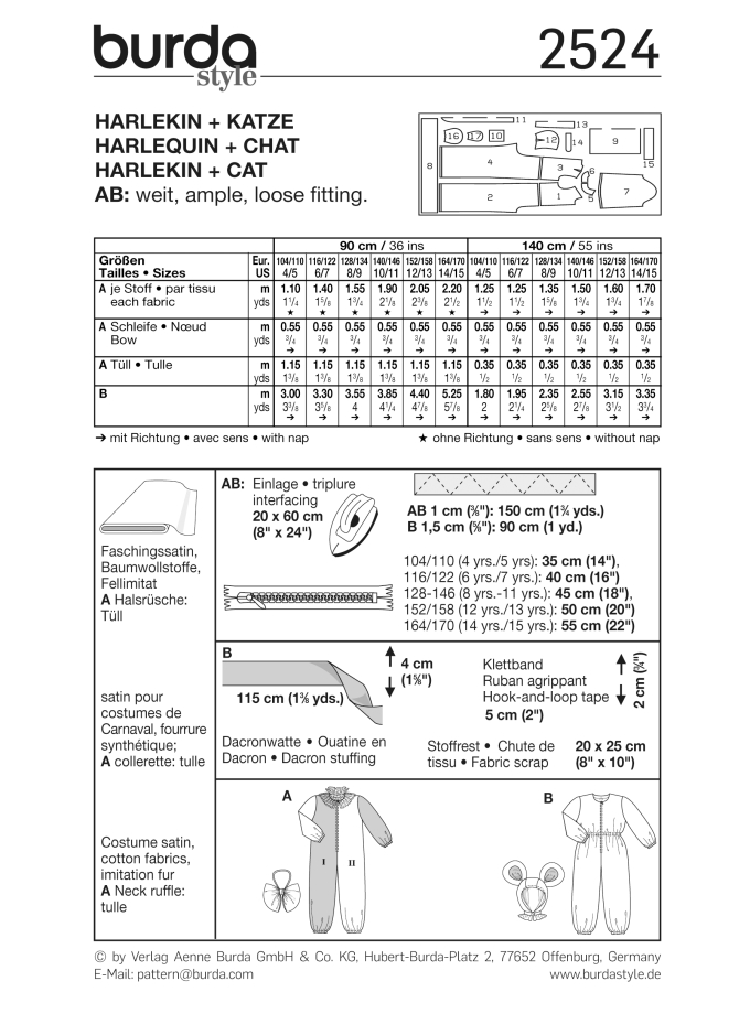 Patron Burda 2524 Déguisement Harlequin et chat, en français
