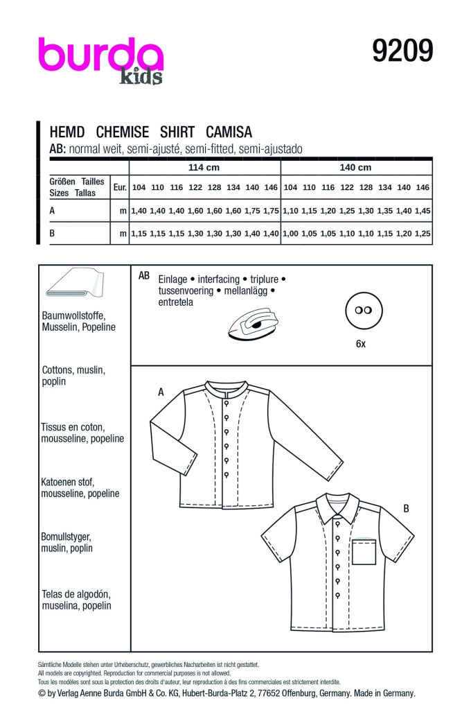Patron Burda 9209 chemise enfant, version papier, en français