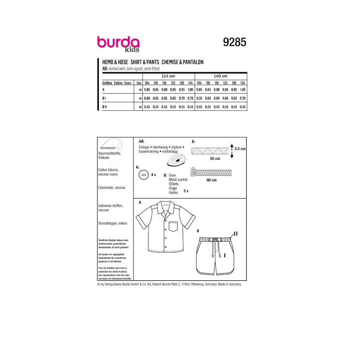 Schnittmuster Hemd und Hose, Burda 9285