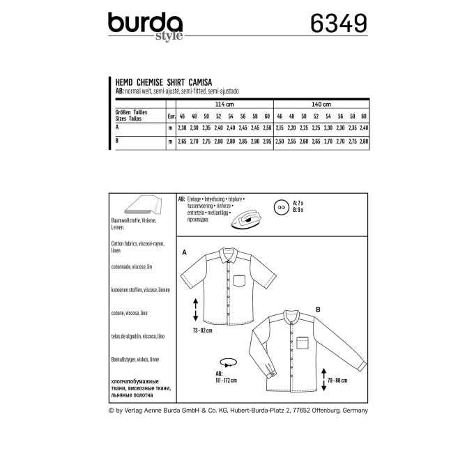 Naaipatroon mens shirt, Burda 6349, Dui/En/Fr