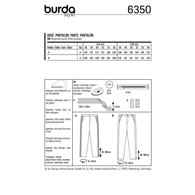 Naaipatroon mens broek, Burda 6350, Dui/En/Fr
