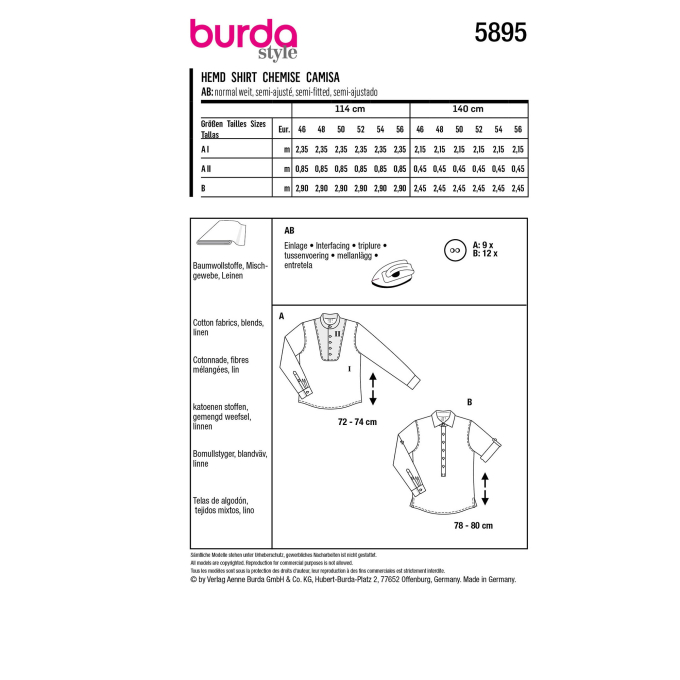 Schnittmuster Herrenhemd, Burda 5895