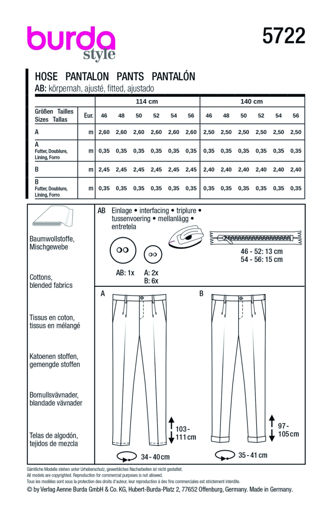 Naaipatroon Broek Burda 5722, Nl/Dui/En/Fr
