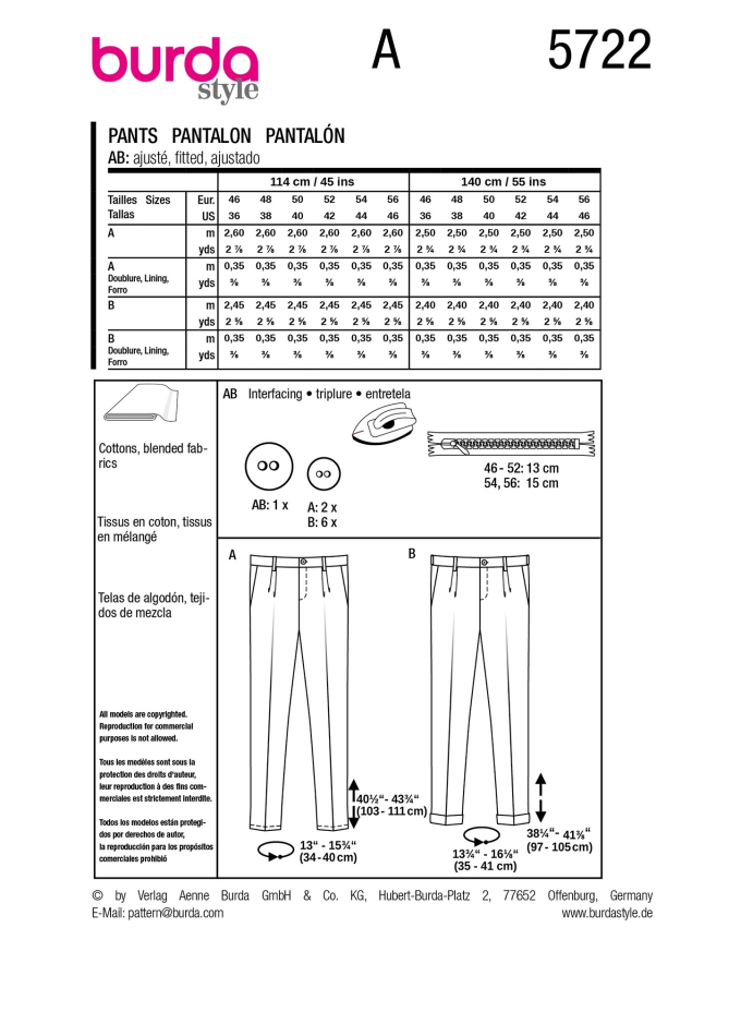Naaipatroon Broek Burda 5722, Nl/Dui/En/Fr