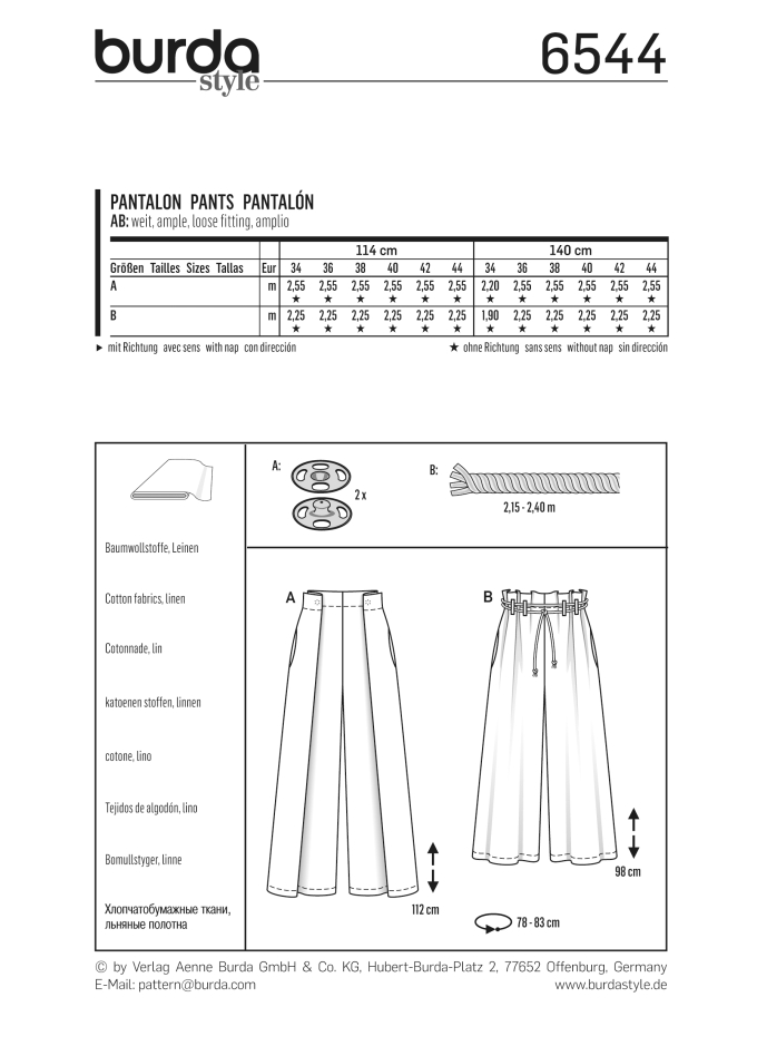 Patron Burda 6544 Pantalon jambes amples, en français