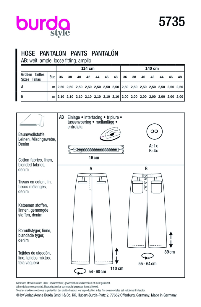 Naaipatroon Burda 5735 Broek, Nl/Dui/En/Fr
