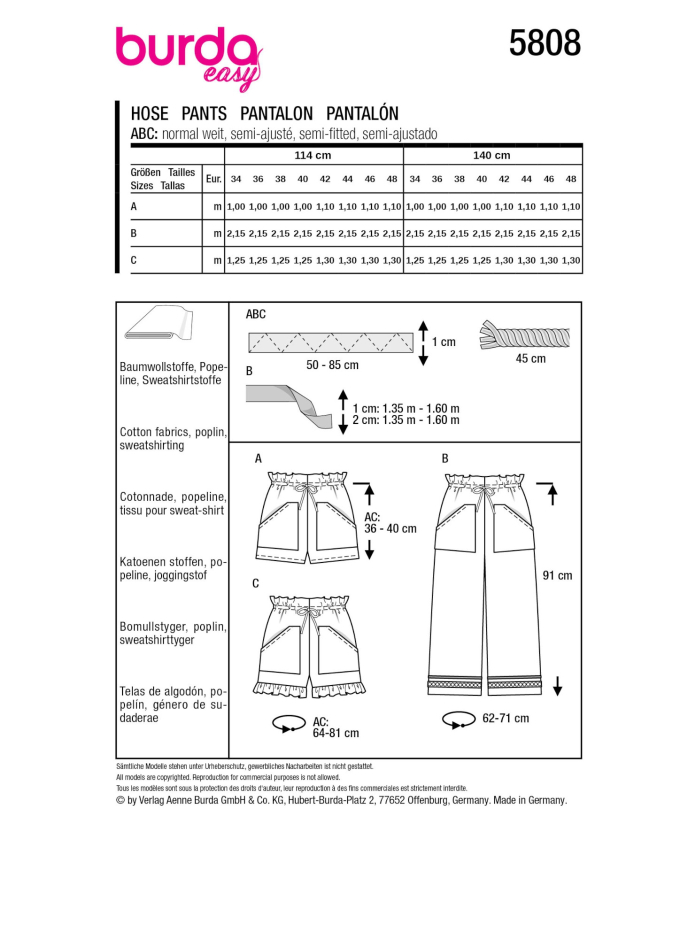 Naaipatroon broek, Burda 5808, Nl/Dui/En/Fr