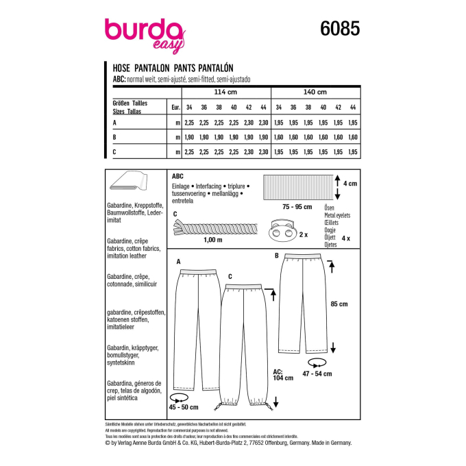 Naaipatroon broek, Burda 6085