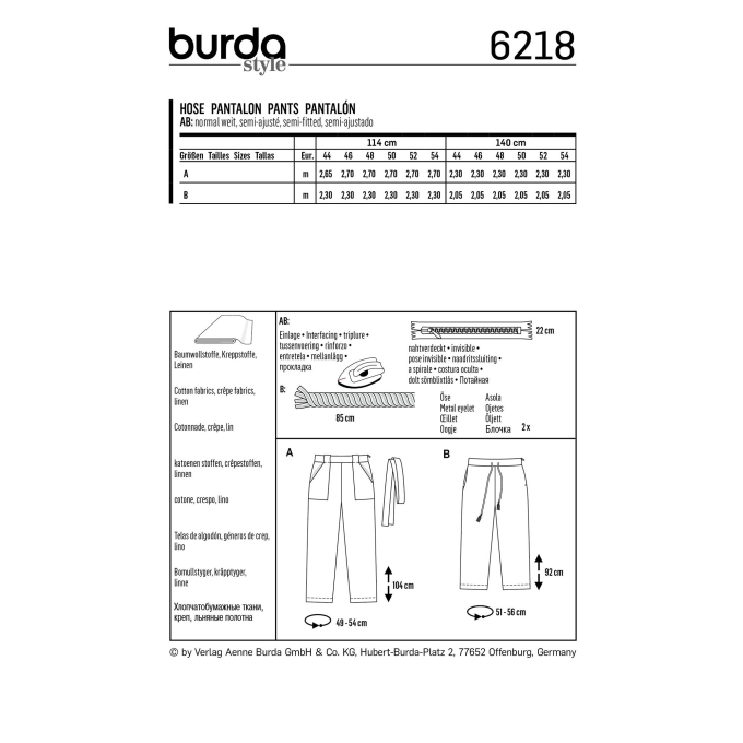 Patron Burda 6218 Pantalon, en français