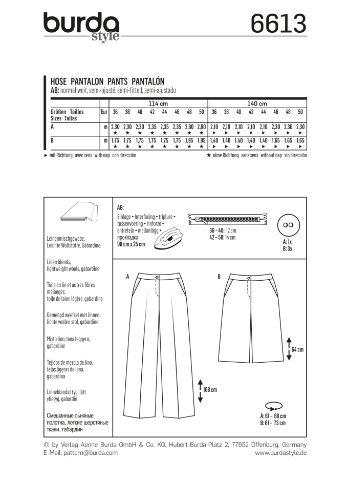 Schnittmuster Hose, Burda 6613