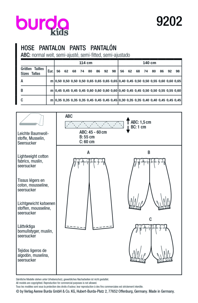 Patron Burda 9202 pantalon / short enfant & bébé, version papier, en français