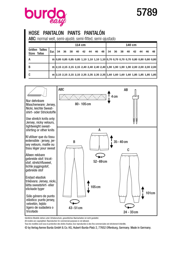 Naaipatroon Broek Dames, Burda 5789, NL/GB/DE/FR