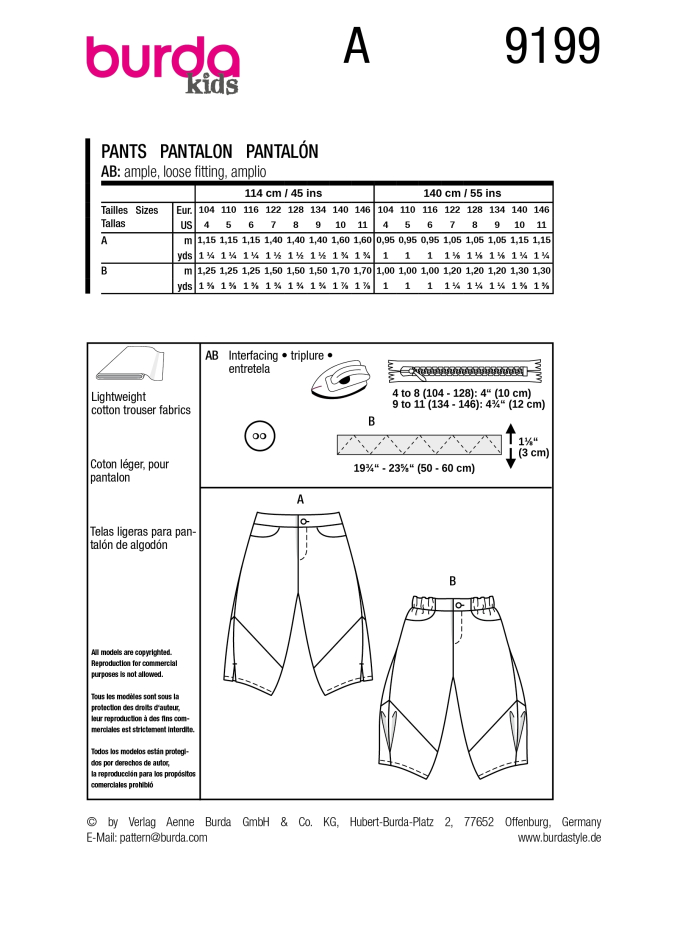 Schnittmuster Hose Kids, Burda 9199