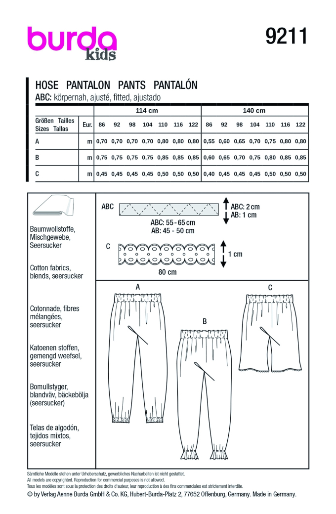 Naaipatroon Broek Kids Burda 9211, Nl/Dui/En/Fr