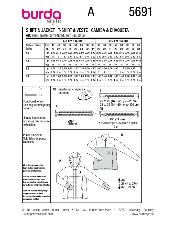 Patron Burda 5691 veste & shirt femme, version papier, en français