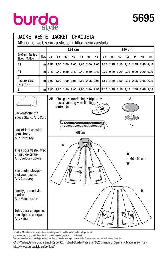 Naaipatroon Jas Burda 5695, Nl/Dui/En/Fr