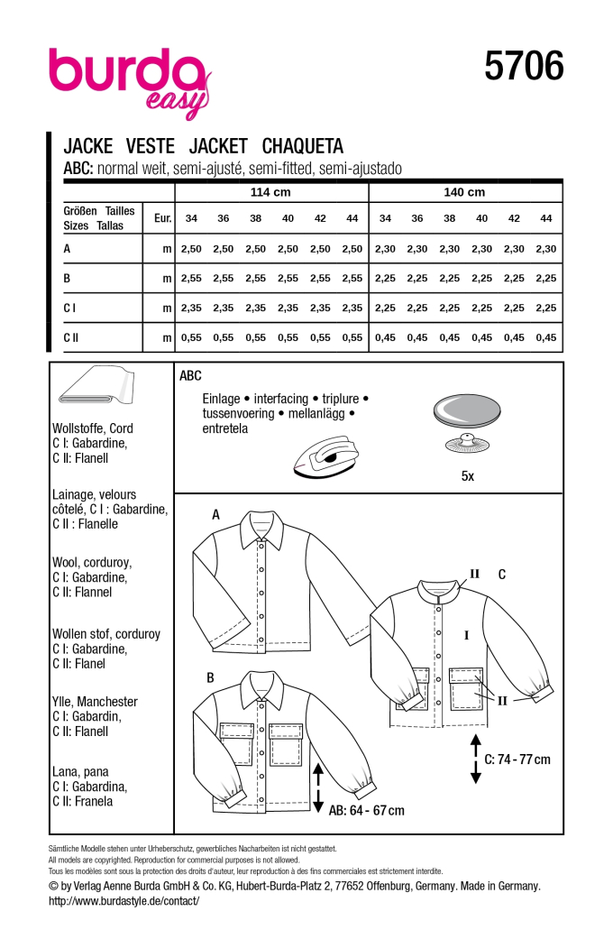 Schnittmuster Jacke, Burda 5706