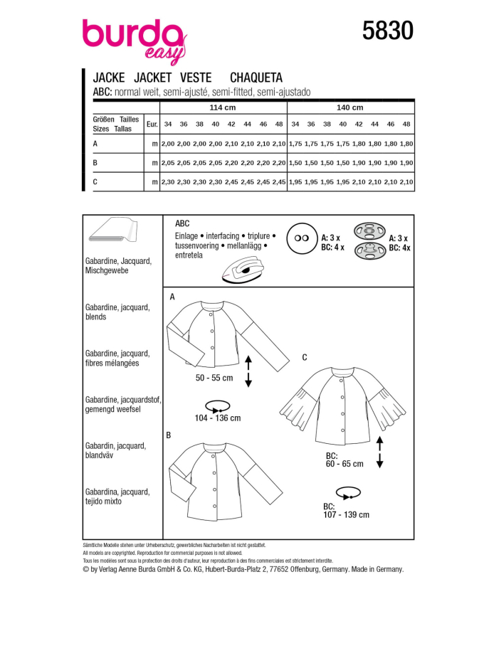 Patron Burda 5830 veste femme, version papier, en français