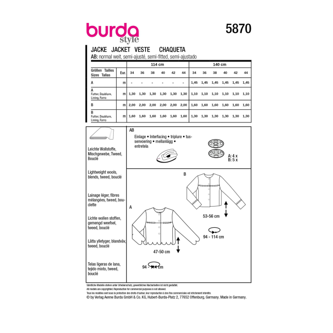 Naaipatroon jas, Burda 5870, Dui/En/Fr