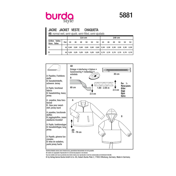 Naaipatroon jas, Burda 5881, Nl/Dui/En/Fr