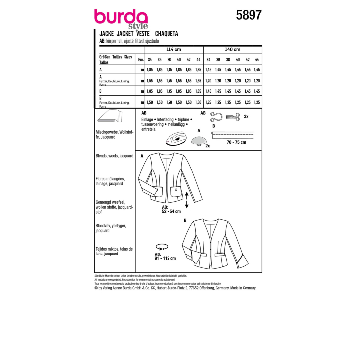 Naaipatroon jas, Burda 5897, Nl/Dui/En/Fr
