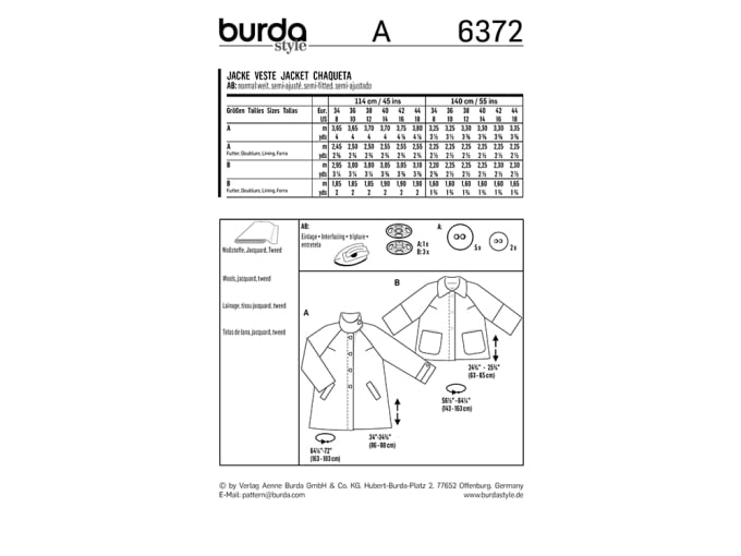 Sewing pattern jacket, Burda 6372, En/Ger/Fr