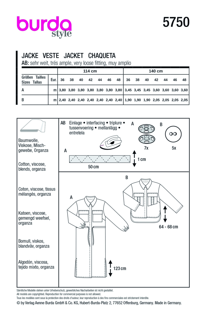 Sewing pattern Jacket, Burda 5750, En/Ger/Fr
