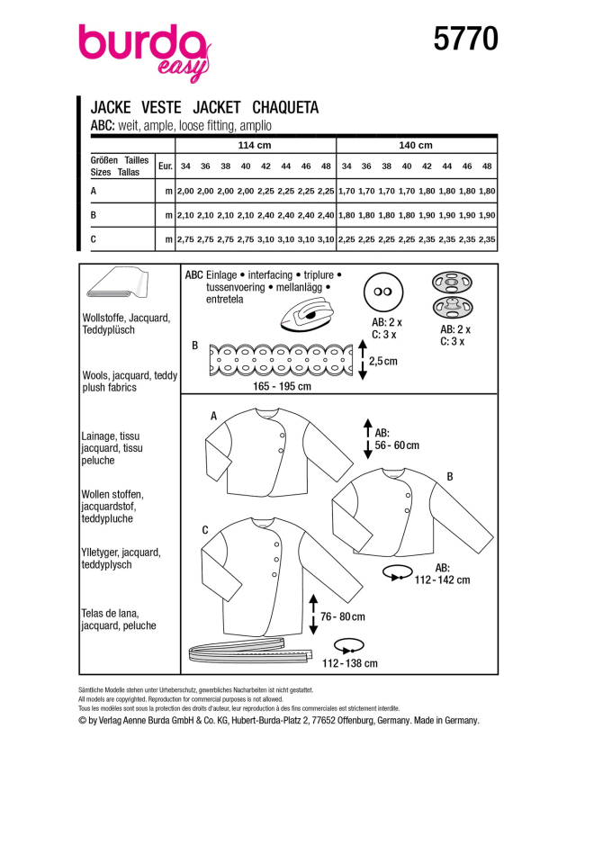 Patron Burda 5770 veste femme, version papier, en français