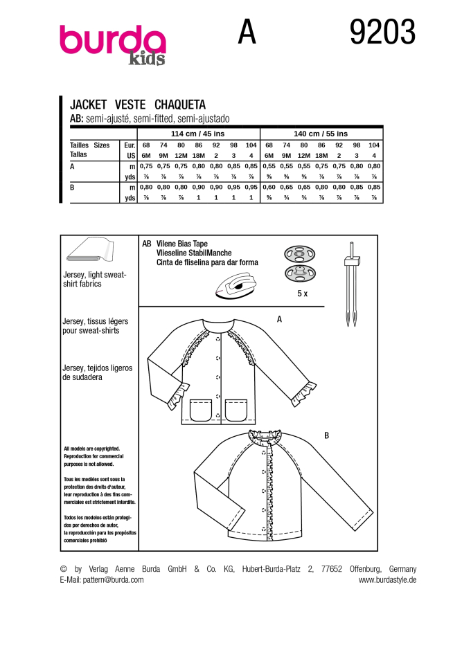Schnittmuster Jacke Kids, Burda 9203