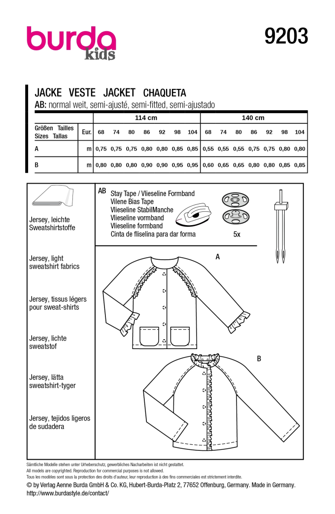 Schnittmuster Jacke Kids, Burda 9203