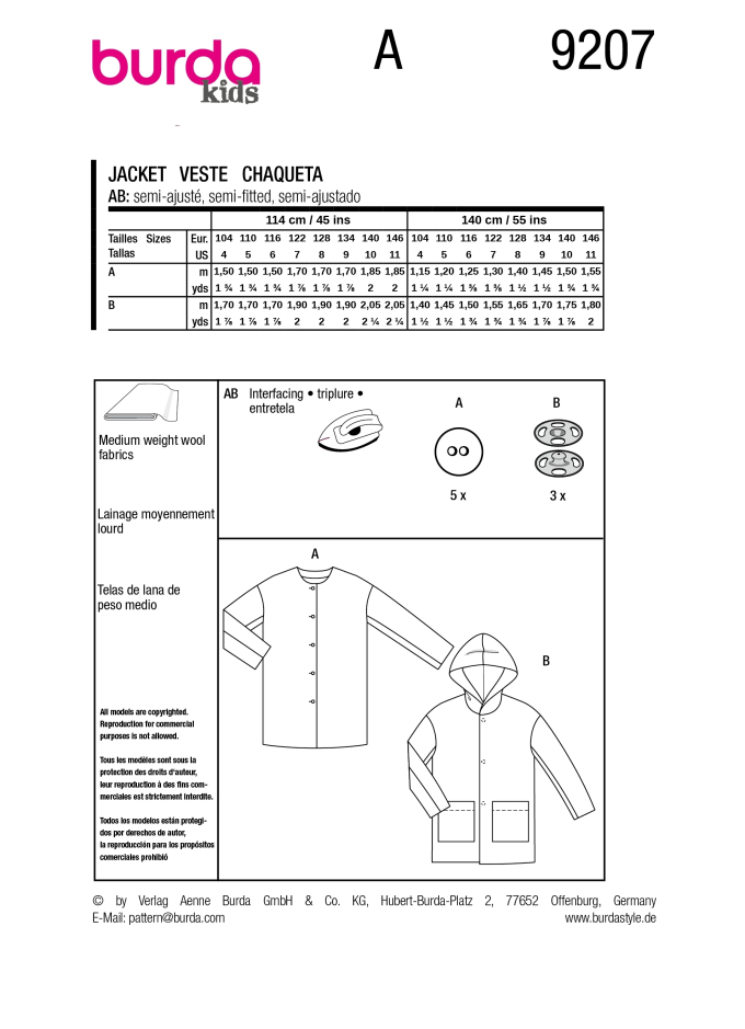 Schnittmuster Jacke Kids, Burda 9207