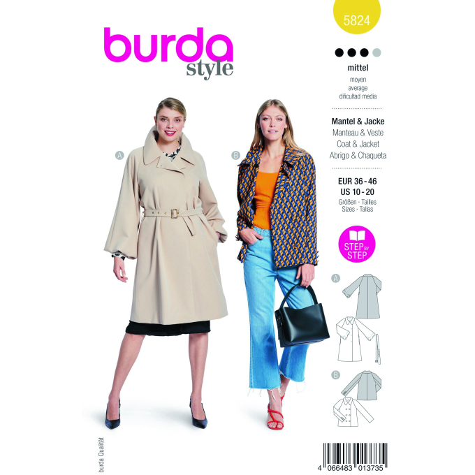 Naaipatroon jas en mantel, Burda 5824, Nl/Dui/En/Fr