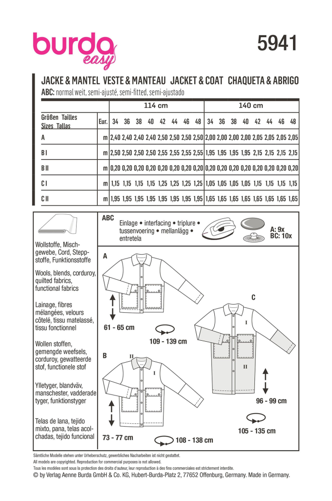 Patron Burda 5941 veste et manteau femme, taille 34-48, en français