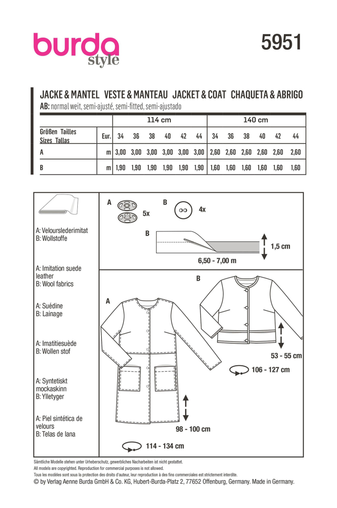 Naaipatroon Jas en mantel, Burda 5951, Dui/En/Fr
