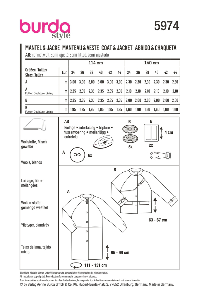 Naaipatroon jas en mantel, Burda 5974, Dui/En/Fr