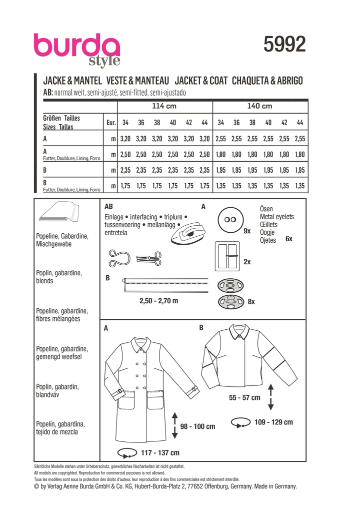 Naaipatroon jas en mantel, Burda 5992, Dui/En/Fr