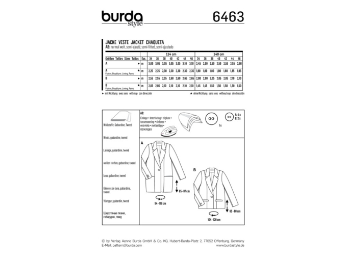 Patron Burda 6463 Manteau et veste, en français