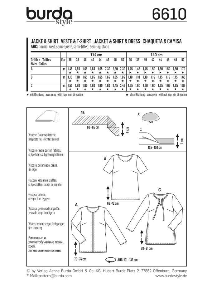 Patron Burda 6610 Veste et shirt, en français