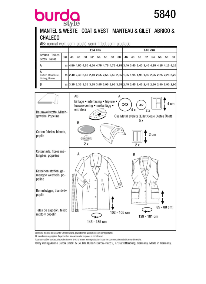Naaipatroon jas en gilet, Burda 5840, Nl/Dui/En/Fr