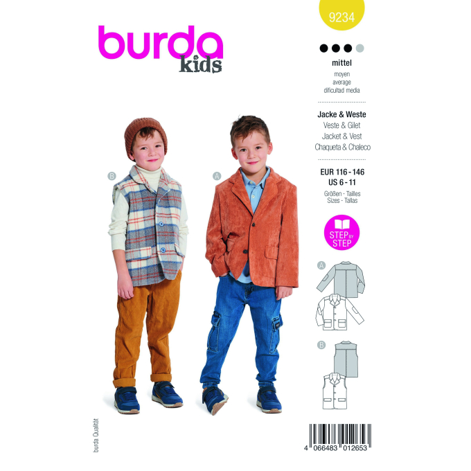 Naaipatroon jas en vest, Burda Kids 9234, Nl/Dui/En/Fr