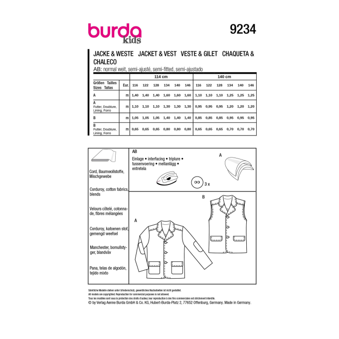 Naaipatroon jas en vest, Burda Kids 9234, Nl/Dui/En/Fr