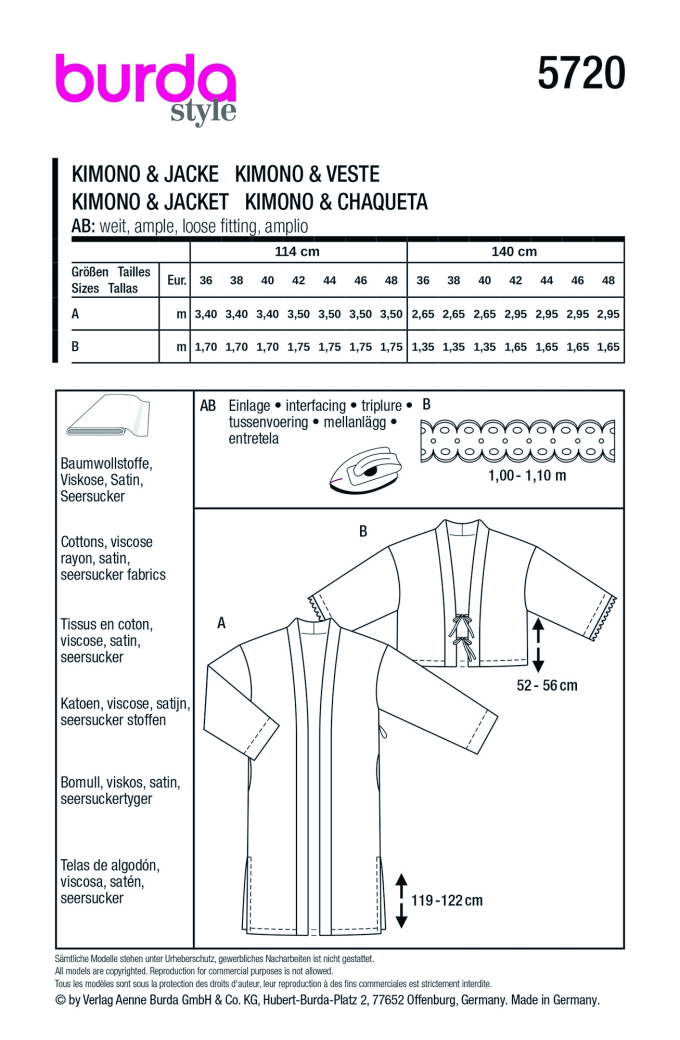 Naaipatroon Kimono & Jas Burda 5720, Nl/Dui/En/Fr