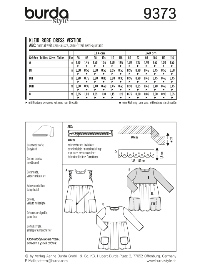 Sewing pattern children dress, Burda 9373, En/Ger/Fr
